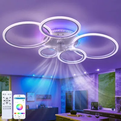 Imagen del producto de Ventilador de techo RGB con luz LED, regulable, ideal para dormitorios, silencioso, con control remoto, reversible, 6 velocidades, temporizador y diseño de lámpara de araña