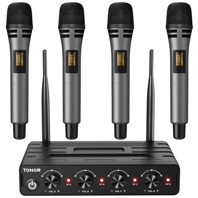 Image de Ensemble de microphones - Sans fil - 4 x 5 canaux UHF - 4 microphones - Noir - Pour karaoké et présentations