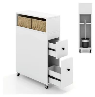 Produktbild von Nischenwagen mit Rollen, 50 x 19 x 72 cm, Schubladen, Weidenkörben und Bürstenhaltern, Nischenschrank, schmaler Badezimmerschrank, freistehender Toilettenschrank, Weiß