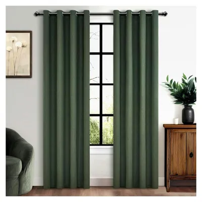 Produktbild von 100% Lichtundurchlässige Vorhänge mit Ösen in Leinenoptik, 2er Set für Schlafzimmer und Wohnzimmer, 225 cm lang, 140 cm breit, Olivgrün