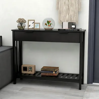 Zdjęcie produktu dla Stolik konsolowy, wąski, drewniany, czarny, o wymiarach 30x100x75,5 cm, z 2 szufladami i półkami