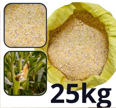 A collage showing a bag of crushed corn, a close-up of the crushed corn, and a corn plant with an ear of corn.