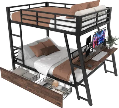 Produktbild von Etagenbett mit LED-Beleuchtung und Schreibtisch, 140x200 cm, Kinderbett mit Rausfallschutz, Metallbett