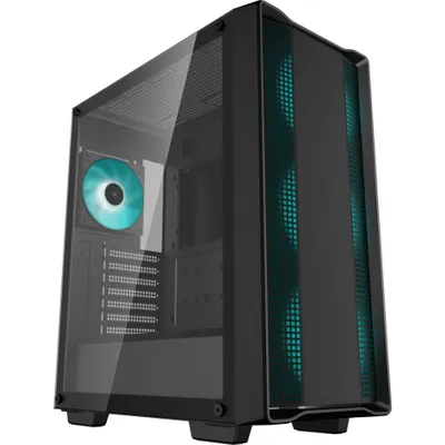 Produktbild von DeepCool CC560 PC-Gehäuse ATX Semitower aus gehärtetem Glas in Schwarz, RGB 4x LED, USB 3.0, Gaming. Maße: 215x432x483mm (BxTxH), 7,2 kg. Laufwerksschächte: 2x 3,5\", 3x 2,5\", 7 Erweiterungsslots.
