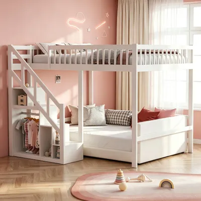 Obrázok produktu pre INONEFT Vysoká posteľ 140x200 cm s ochranou proti pádu, detská posteľ/posteľ pre tínedžov s roštom, poschodová posteľ s rebríkom a poličkou, biela