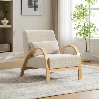 Zdjęcie produktu dla Skandynawski fotel wypoczynkowy obity tkaniną chenille, z drewnianą konstrukcją, wymiary: 82 x 70 x 83,5 cm, kolor beżowy