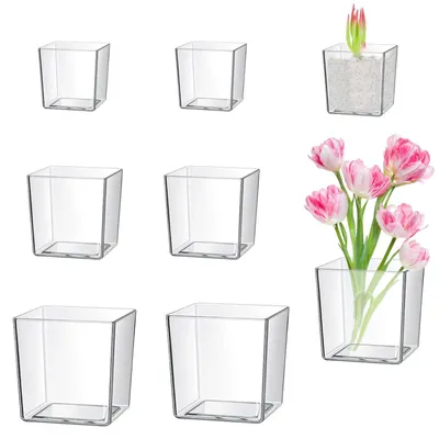 6er-Set quadratische Vasen, transparent, 12,5/10/8 cm, Kunststoff