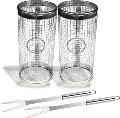 Produktbild von AVOID – BBQ Grillkorb – 2er Set – Grillzubehör – Grillwerkzeuge – BBQ Grillzylinder – Hochwertig – Einfache Handhabung – Mit Haken und Gabel – 30 cm