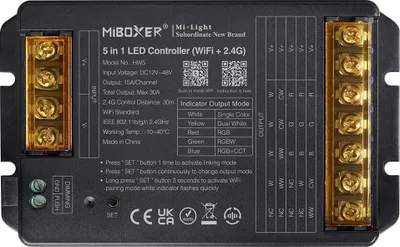 Produktbild von MiBoxer HW5 5-in-1 LED-Controller – RGB, RGBW, RGB+CCT, CCT  und  einfarbig, 12–48 V, 30 A, WiFi  und  2,4 GHz Funk