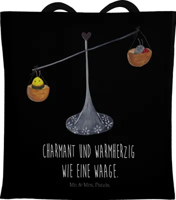 Produktbild von Mr. & Mrs. Panda Jutebeutel Sternzeichen Waage - Schwarz - Geschenk, Gleichgewicht, Marienkäfer, Biene, Hummel, canvas tasche, einkaufsshopper, Einkaufstüte, Schultasche