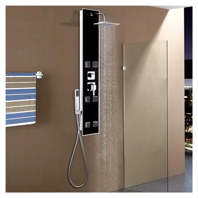 Produktbild von Duschpaneel aus Glas in Schwarz mit Regendusche und Badarmatur