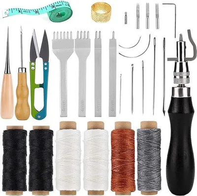 Produktbild von Ledergereedschap-Kit, 26-teilig, Handnaaikit mit Draht, Nadel, Vingerhoed und Zubehör für Lederbearbeitung