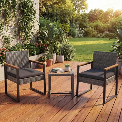 Produktbild von Poly-Rattan Garnitur HWC-P74, Lounge-Set Garten 2x Stuhl Tisch, Akazie Holz Stoff 180g/m²  grau, Polster grau