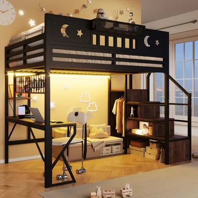 Produktbild von Flieks Etagenbett 140x200cm mit USB, Hochbett mit Led, Kinderbett Jugendbett mit Schreibtisch und Lochwand, Stockbett Metallbett mit Treppe, Schwarz