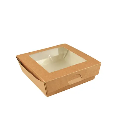 Produktbild von Feinkostboxen, Pappe mit Sichtfenster aus PLA eckig 750 ml 14 cm x 14 cm x 5 cm braun