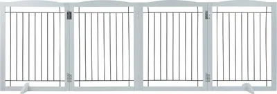 Image de SucceBuy 32 H x 96.5" W Porte pour chien autoportante, 4 panneaux pliables Barrière pour animaux de compagnie pour passages larges & étroits, extensible avec support de pied silencieux, utilisation en intérieur, blanc