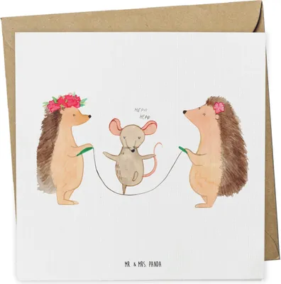 Produktbild von Mr. & Mrs. Panda Glückwunschkarte Igel Seilhüpfen - Weiß - Geschenk, Maus, Kindergarten, doppelkarte, Kinder, Klappkarte, faltkarte, anlasskarte, Lustige Sprüche