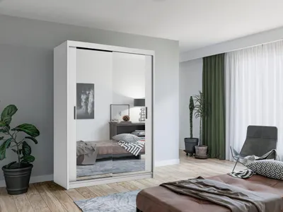 Produktbild von Krudox LUX Weiß Schiebetürenschrank Kleiderschrank 150x216x62 cm mit Spiegel - Schlafzimmermöbel – Mehrzweckschrank mit 2 Kleiderstangen