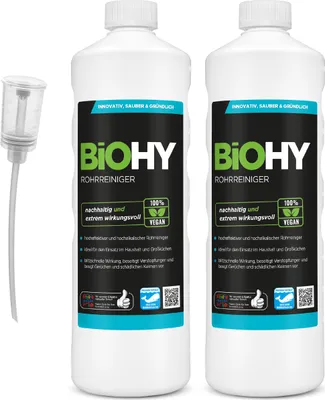 Produktbild von BiOHY Rohrreiniger (2x1l Flasche) + Dosierer | EXTRA STARK | Flüssiger, hochkonzentrierter Abflussreiniger | Geruchsneutral | Für alle Verstopfungen