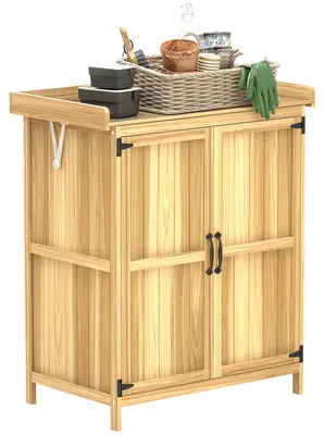 Produktbild von Gartenschrank, Werkzeugschrank für den Außenbereich, mit Arbeitsfläche, Holz und Edelstahl, Doppeltüren, Naturholz