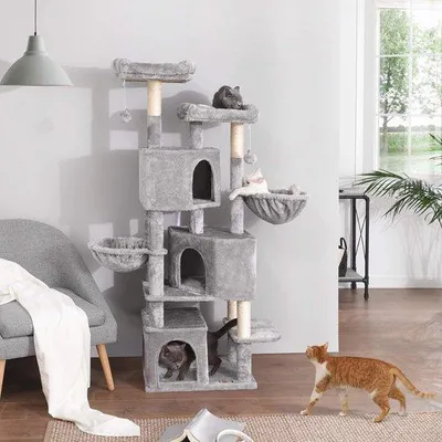 Obrázek produktu pro Kočičí věž se 3 domečky, 164 cm, světle šedá