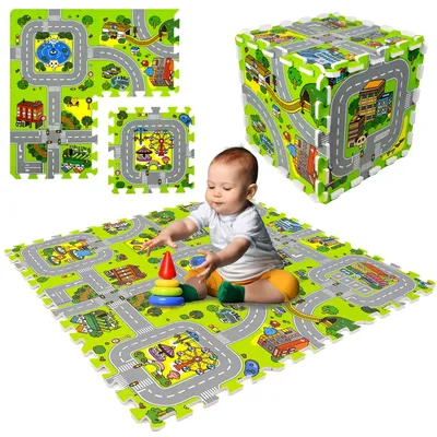 Immagine prodotto di Tappetino educativo 90x90, composto da 9 pezzi in schiuma spessa: strade, città, paesi, vicoli, edifici, case, villette