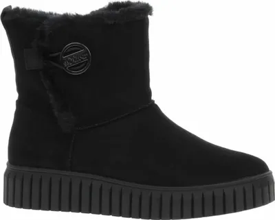 A black boot with a platform sole and faux fur lining, presented against a white background.