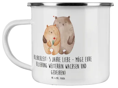 Produktbild von Mr. & Mrs. Panda Teetasse 5. Hochzeitstag Holzhochzeit - Transparent - Geschenk, Teebecher, Heiraten, Heirat, becher emaille, besondere Anlässe, Haferl, Tasse, Pott