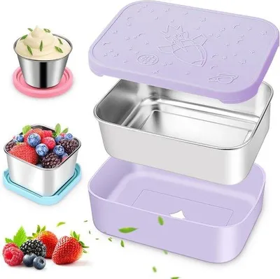 Image de Boîte à repas en acier inoxydable 304 anti-fuites pour adultes - lot de 3 - 850 ml - avec couvercle en silicone - boîte à sandwich - compartiments de 180 ml et 70 ml.