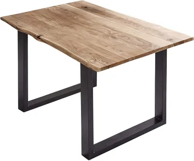 Produktbild von Esszimmertisch 100x70 cm Billy, echte Baumkante, Esstisch aus Akazienholz massiv + naturfarben, Baumkantentisch mit U-Gestell Schwarz