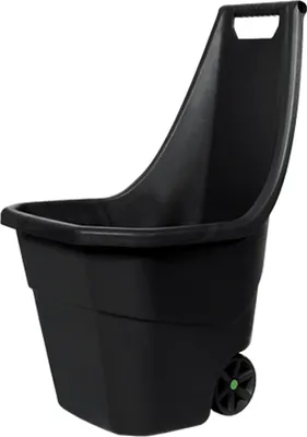 A black garden trolley with one wheel is shown against a white background.