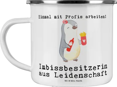 Produktbild von Mr. & Mrs. Panda Emaille Becher Imbissbesitzerin Leidenschaft - Weiß - Geschenk, Lustig, Tasse, Spruch, Pommesliebe, Imibissverkäuferin, Witzig, Haferl, Teetasse