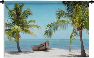 Produktbild von MuchoWow® Wandteppich Wandbehang Palme - Boot - Strand 60x40 cm Tapisserie Dekoration Wandtuch - Wanddekorationen