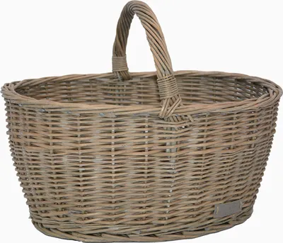 A woven basket with a handle, presented against a white background.