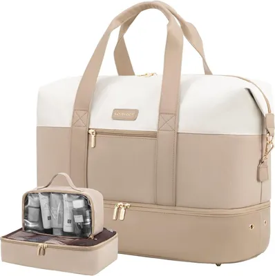 Produktbild von Reisetasche Weekender Groß Handgepäck Sporttasche Kliniktasche mit Kulturtasche Schuhfach 45x36x20cm Beige Khaki