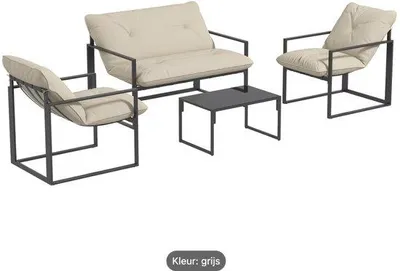 Immagine prodotto di Set di mobili da giardino composto da 4 pezzi per 4 persone, 2 panche, 2 sedie con braccioli e un tavolo, nero, con cuscini beige, per terrazza e giardino