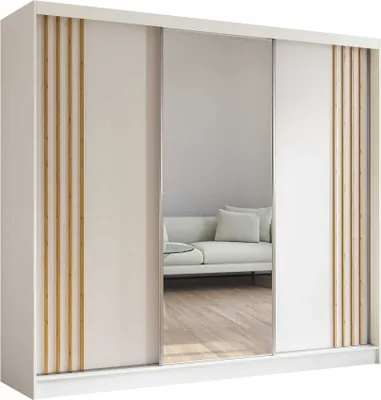 Produktbild von AGMAT Schwebetürenschrank Lugo, Kleiderschrank mit 3 Türen und Spiegel, Moderne Garderobe in Farbe: Weiß / Weiß, Schrank in Größe: 240 x 216 x 61 cm