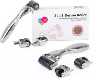 Obrázek produktu pro Derma váleček na tělo sada obličej oči dermaroller 3v1 ocel stříbrná 3 kusy