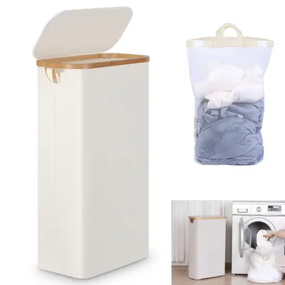 Produktbild von Wäschekorb 63L, mit Deckel, Faltbare Wäschebehälter mit Bambusgriffen mit Innentasche,41*22*70cm, für Waschküche, Schlafzimmer, Badezimmer
