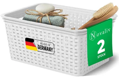 Produktbild von Novaliv 2 Stück Eleganter Aufbewahrungskorb in Rattan-Optik | Weiß Kunststoff 5L – Perfekt für Bad & Kleidungsaufbewahrung. Aufbewahrungsbox Badezimmer Körbchen Bad Organizer Korb Ordnungsbox