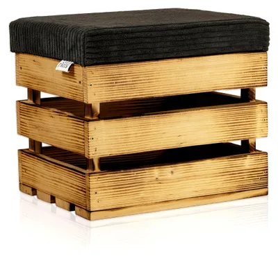 Produktbild von Sitzhocker mit Stauraum, geflammte Holzkiste mit gepolstertem Deckel aus dunkelgrauem Cordstoff, 35 l (40 x 32 x 34 cm)