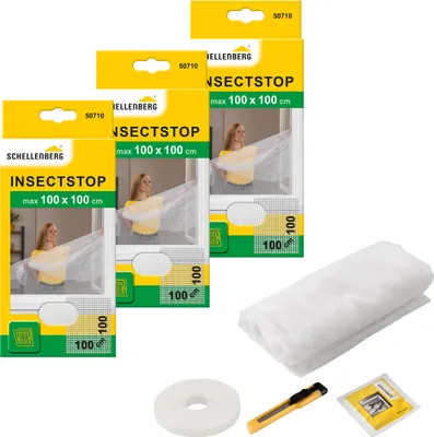 Produktbild von Schellenberg 3er Pack 50710 Fliegengitter für Fenster, Insektenschutz ohne bohren, zuverlässiger Schutz gegen Mücken, Fliegen und Insekten mit Befestigungsband, 100 x 100 cm, weiß