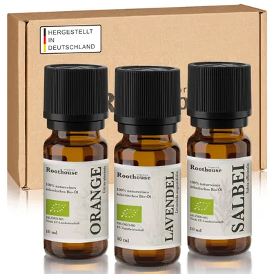 Produktbild von Roothouse-Organics®  3er Set-Schlafgut- 100% naturreine ätherische Bio Öle - Lavendelöl Bio + Orangenöl Bio +Salbeiöl Bio -für Diffusor und Duftlampe