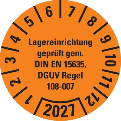 Produktbild von Dreifke® Prüfplakette Lagereinrichtung, DGUV Info208-061, 2027, orange, Dokum...