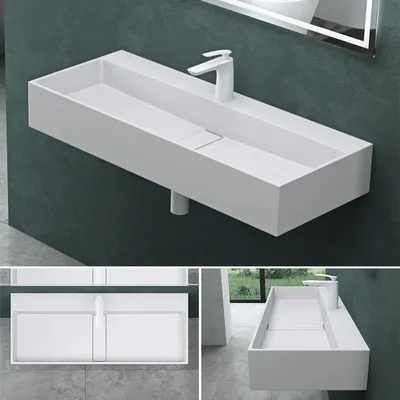 Produktbild von Mai & Mai Waschbecken Aufsatzwaschbecken Hängewaschbecken aus Mineralguss 120x40x12cm in Weiß matt mit Armaturloch Col6028