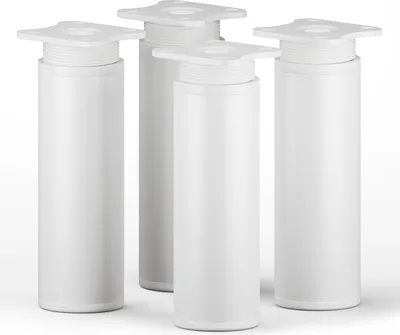 Four white furniture legs against a white background.