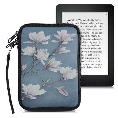 Produktbild von kwmobile Tasche für eReader - Neopren Hülle Schutzhülle Magnolien Taupe Weiß Blaugrau - 17 x 12 x 2 cm Innenmaße