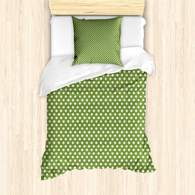 Produktbild von ABAKUHAUS Polka Dots Bettbezug Set für Einzelbetten, Monochrome Retro Tupfen, Milbensicher Allergiker geeignet mit Kissenbezug, Olivengrün Weiß