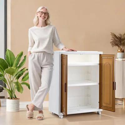 Image de Armoire de rangement pliable ISOISL, 3 étagères avec portes, roulettes, en plastique, couleur marron
