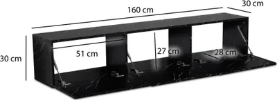 Image de FineBuy Meuble TV bas suspendu aspect marbre noir 160 x 30 x 30 cm Meuble TV Table TV à portes battantes Meuble TV moderne Meuble TV mural Commode TV